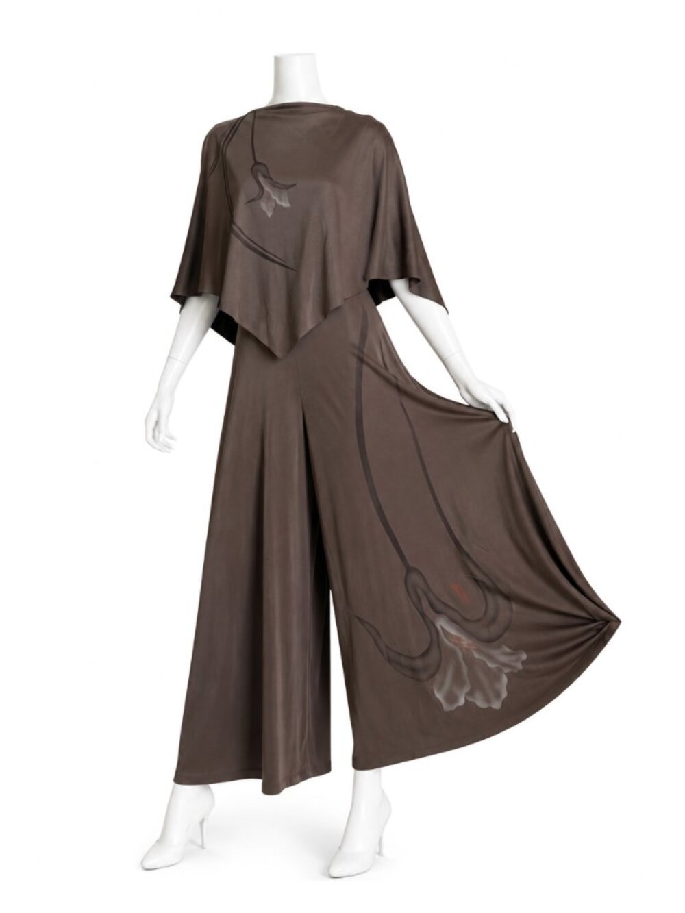 Vintage Lillie Rubin Taupe Jersey Palazzo Jumpsuit with Capelet 1970s Rare